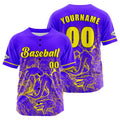 Camiseta de béisbol personalizada de color morado y amarillo con botones para hombre mujer adulto y joven Estampado de nombre número y logotipo