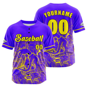Camiseta de béisbol personalizada de color morado y amarillo con botones para hombre mujer adulto y joven Estampado de nombre número y logotipo