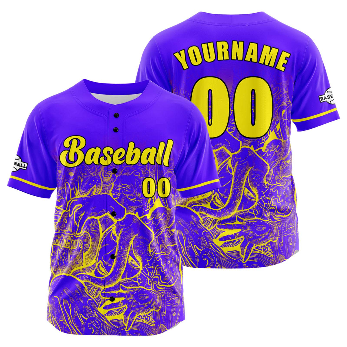 Camiseta de béisbol personalizada de color morado y amarillo con botones para hombre mujer adulto y joven Estampado de nombre número y logotipo