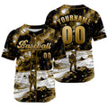 Camiseta de béisbol personalizada en color amarillo tierra con nombre número y logotipo personalizados