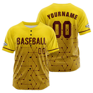 Camiseta de béisbol amarilla personalizada con botones para hombre mujer adulto y joven Estampado de nombre número y logotipo