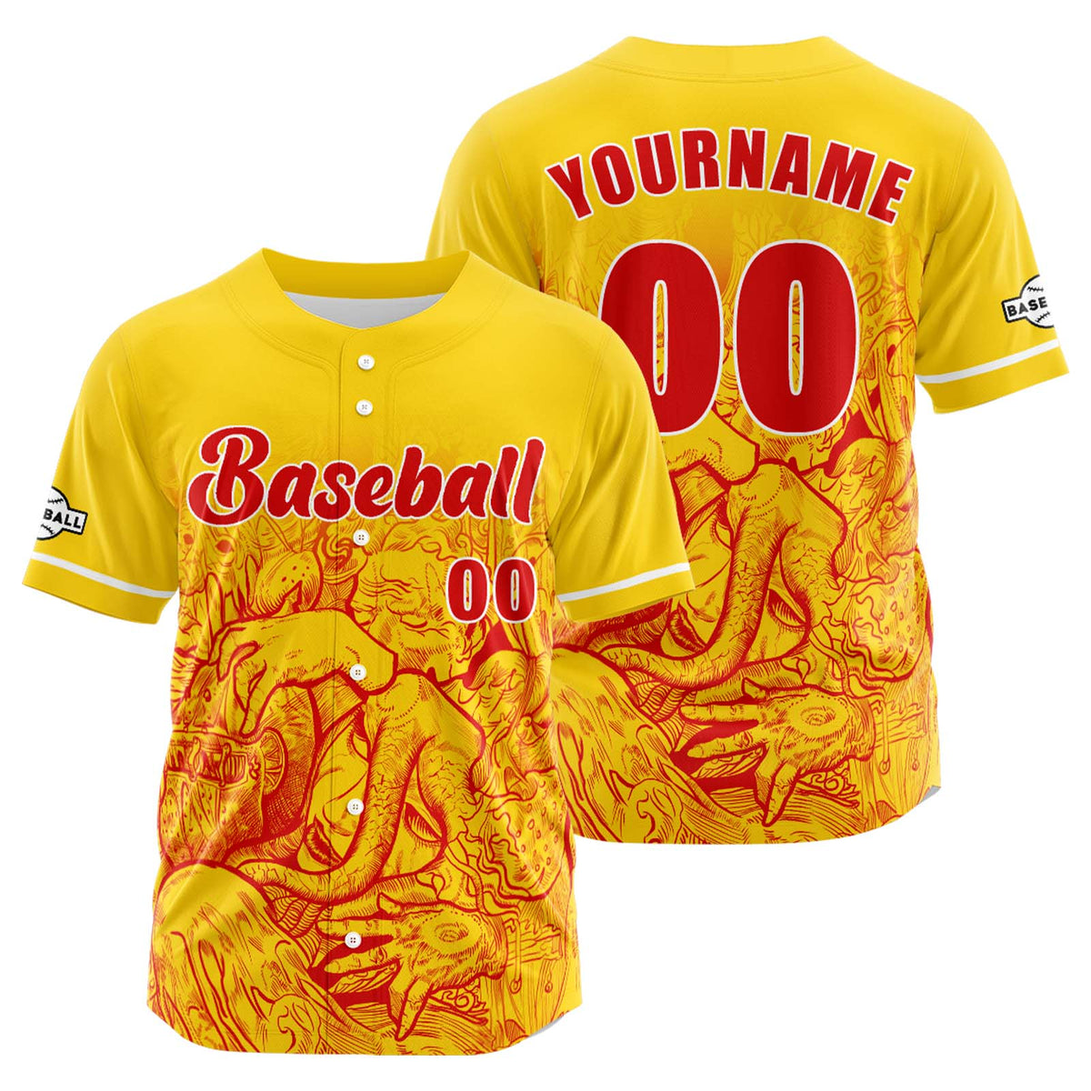 Camiseta de béisbol amarilla personalizada con botones para hombre mujer adulto y joven Estampado de nombre número y logotipo