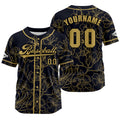 Camiseta de béisbol personalizada en negro y dorado con nombre número y logotipo personalizados
