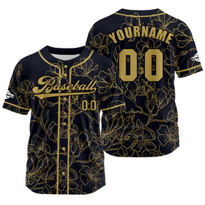Camiseta de béisbol personalizada en negro y dorado con nombre número y logotipo personalizados
