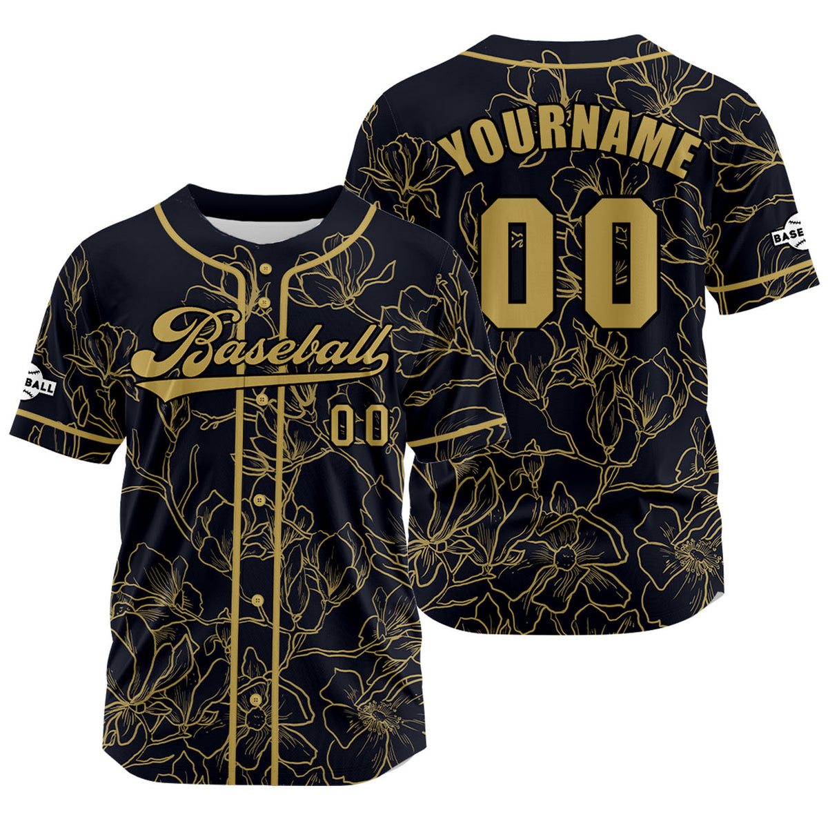 Camiseta de béisbol personalizada en negro y dorado con nombre número y logotipo personalizados