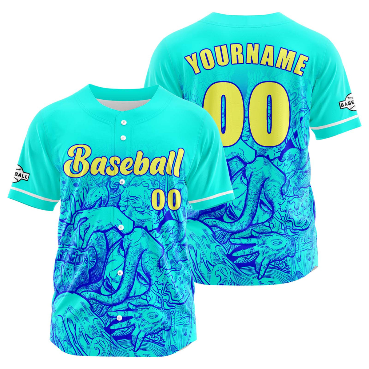 Camiseta de béisbol azul personalizada con botones para hombre mujer adulto y joven Estampado de nombre número y logotipo