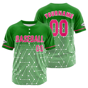 Camiseta de béisbol personalizada verde y rosa con botones para hombre mujer adulto y joven Estampado de nombre número y logotipo
