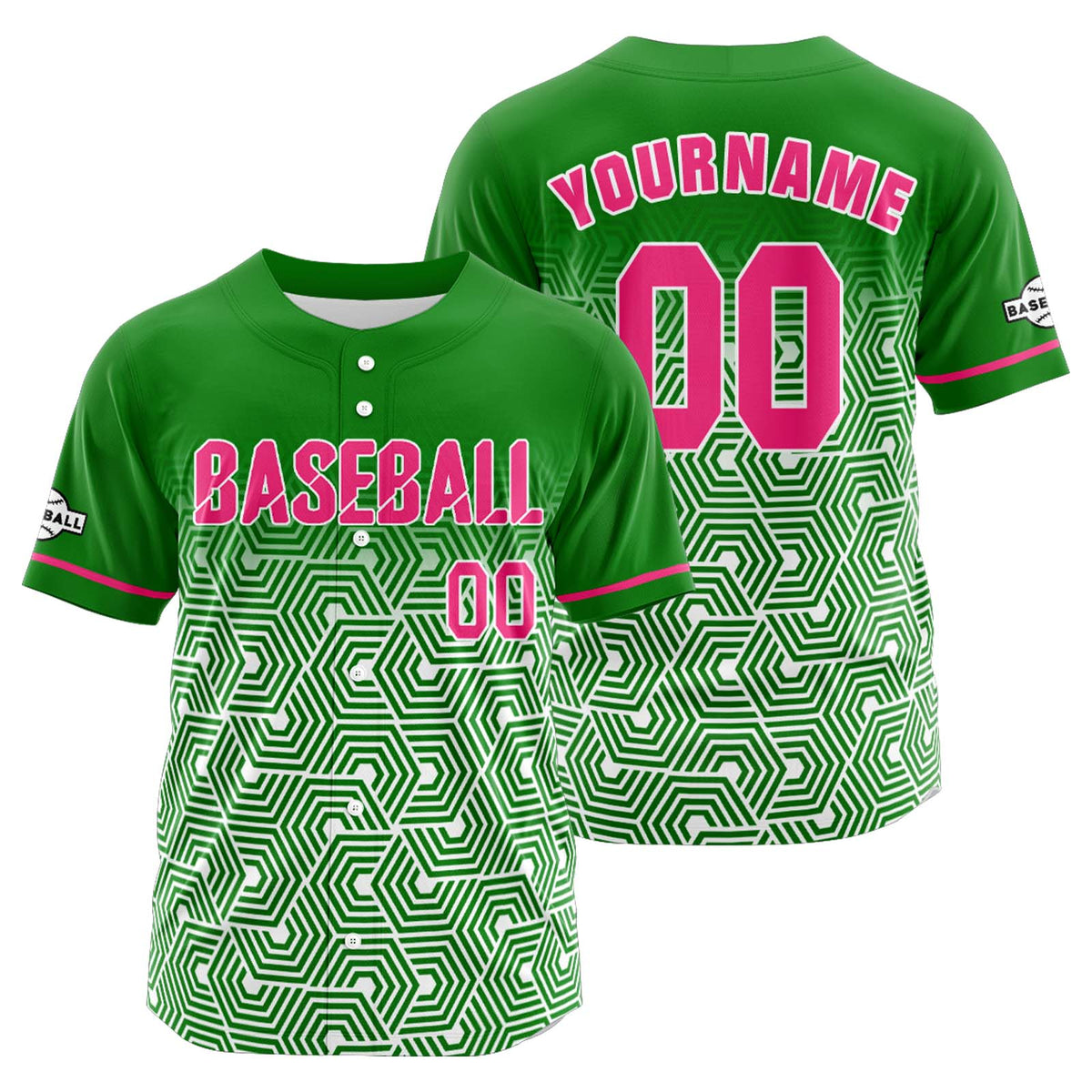 Camiseta de béisbol personalizada verde y rosa con botones para hombre mujer adulto y joven Estampado de nombre número y logotipo