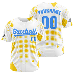Camiseta de béisbol personalizada blanca y amarilla con botones para hombre mujer adulto y joven Estampado de nombre número y logotipo