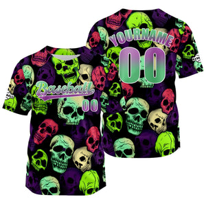 Camiseta de béisbol personalizada verde y morada con nombre número y logotipo personalizados