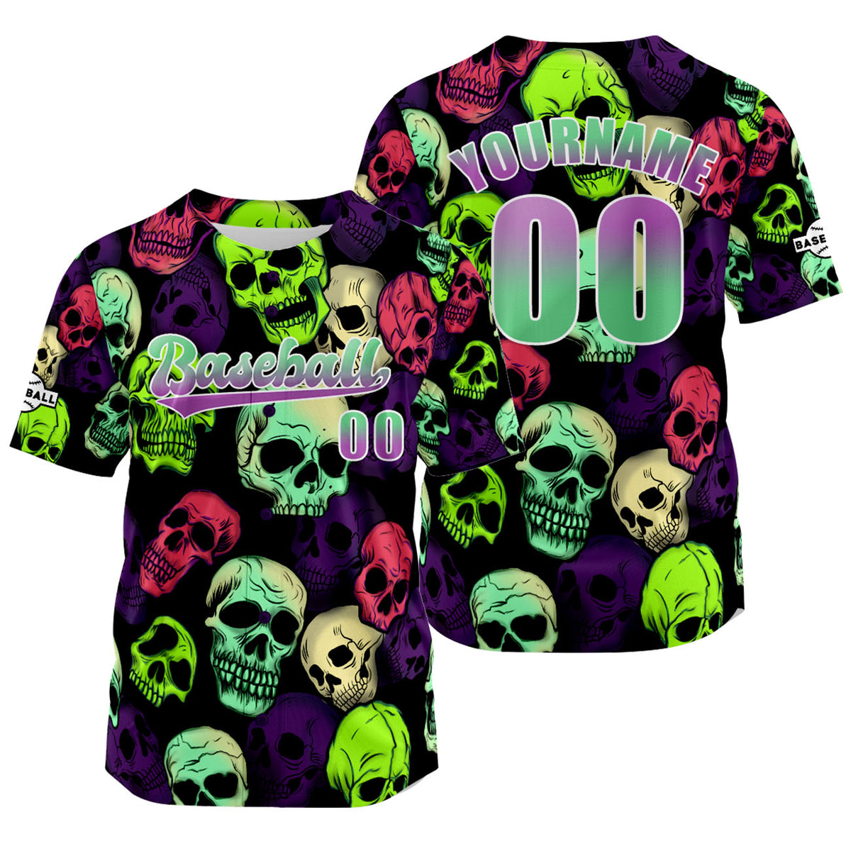 Camiseta de béisbol personalizada verde y morada con nombre número y logotipo personalizados