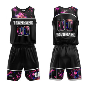 Uniforme de baloncesto personalizado con estampado de cielo estrellado negro y tu logotipo-nombre y número impresos