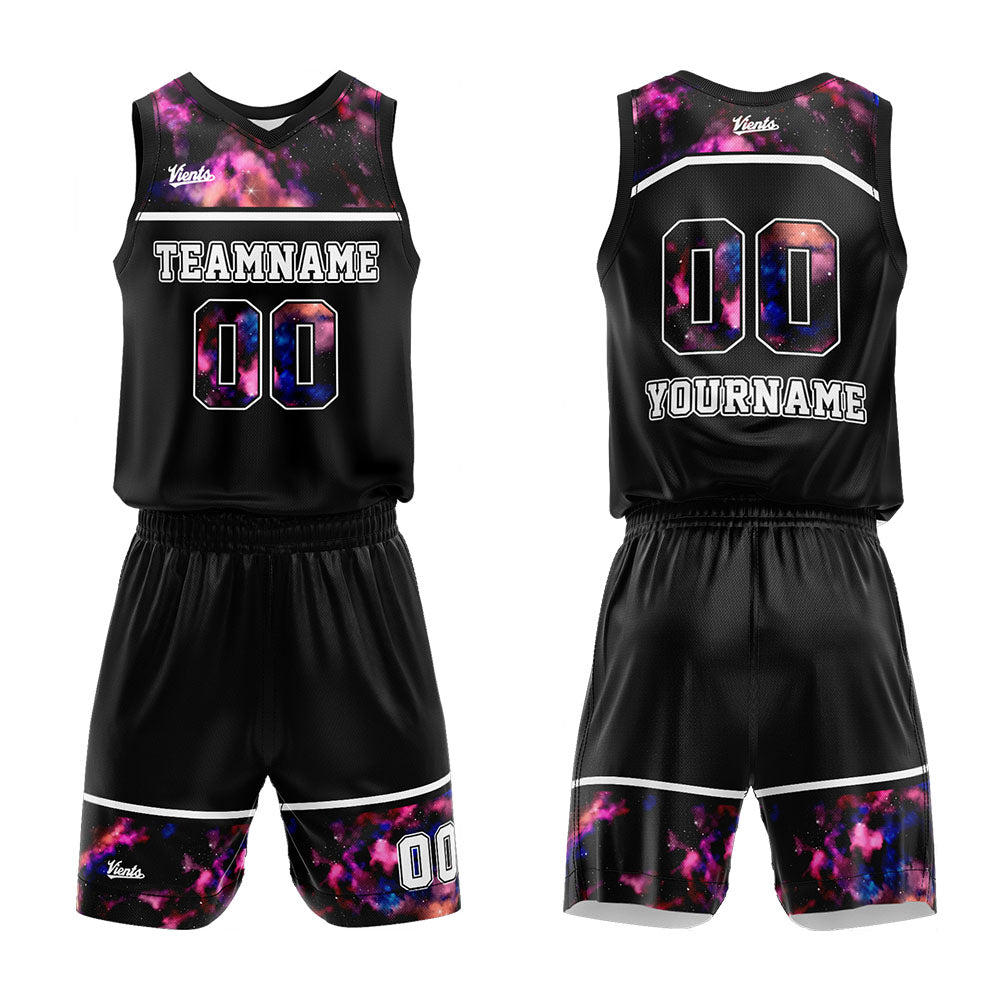 Uniforme de baloncesto personalizado con estampado de cielo estrellado negro y tu logotipo-nombre y número impresos