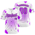 Camiseta de béisbol personalizada blanca y morada con botones para hombre mujer adulto y joven Estampado de nombre número y logotipo