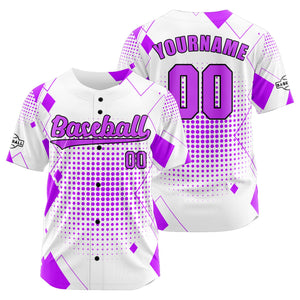 Camiseta de béisbol personalizada blanca y morada con botones para hombre mujer adulto y joven Estampado de nombre número y logotipo