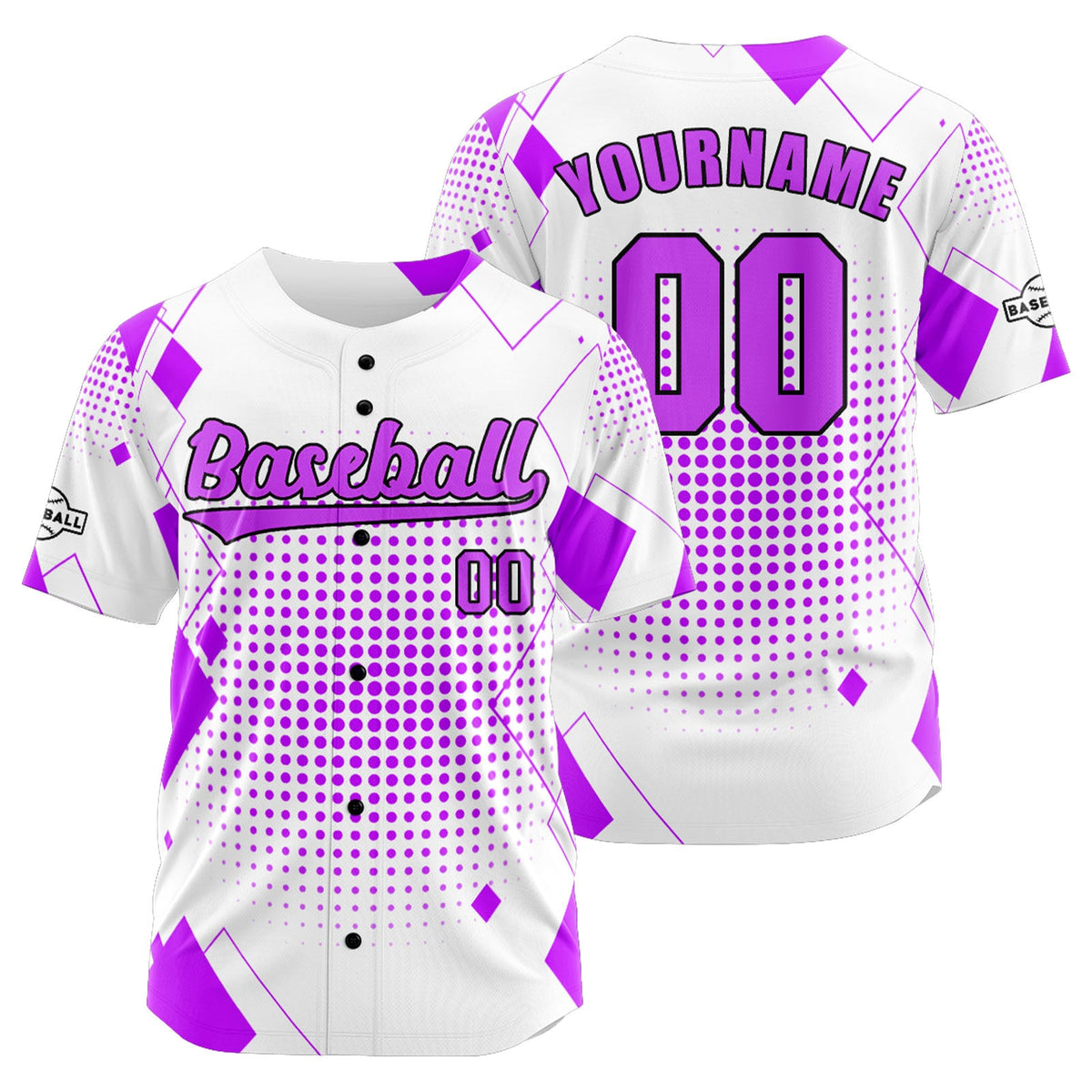 Camiseta de béisbol personalizada blanca y morada con botones para hombre mujer adulto y joven Estampado de nombre número y logotipo