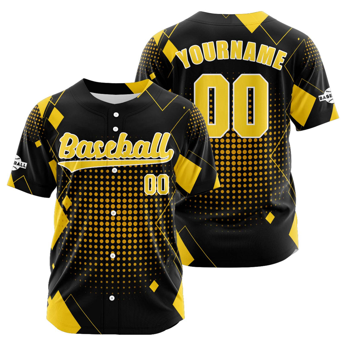 Camiseta de béisbol personalizada negra y amarilla con botones para hombre mujer adulto y joven Estampado de nombre número y logotipo