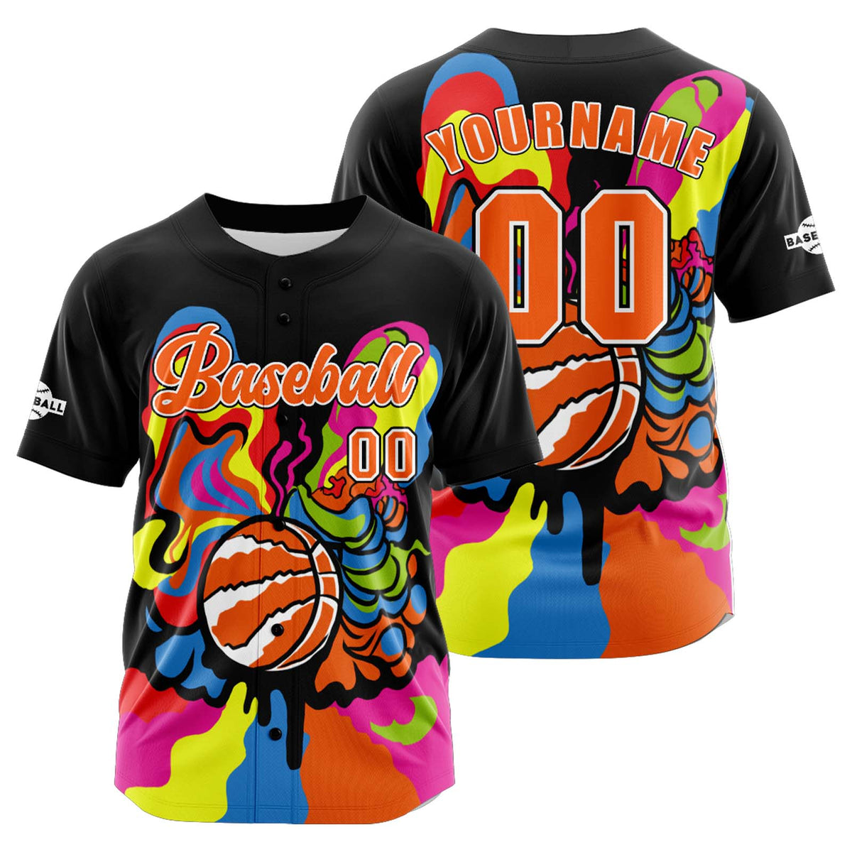 Camiseta de béisbol personalizada negra y naranja con botones para hombre mujer adulto y joven Estampado de nombre número y logotipo