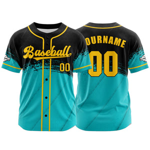 Camiseta de béisbol personalizada de color verde azulado y negro con botones para hombre mujer adulto y joven Estampado de nombre número y logotipo