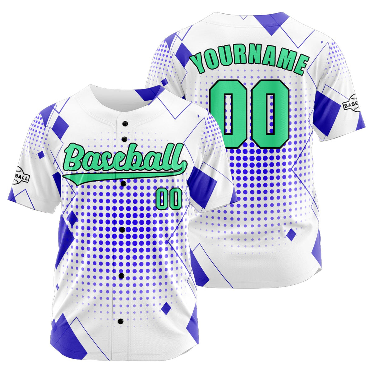 Camiseta de béisbol personalizada blanca y azul con botones para hombre mujer adulto y joven Estampado de nombre número y logotipo