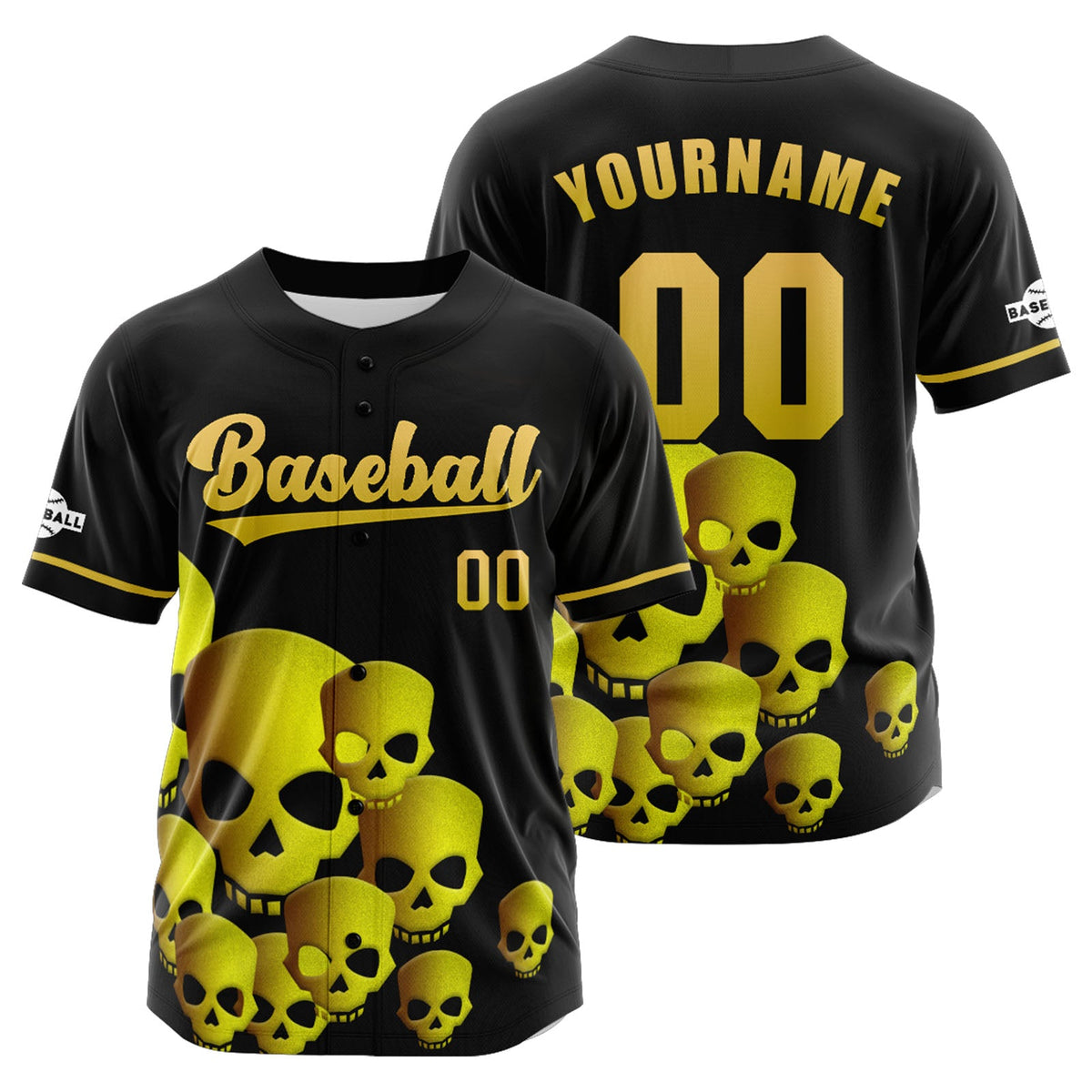 Camiseta de béisbol personalizada negra y amarilla con botones para hombre mujer adulto y joven Estampado de nombre número y logotipo