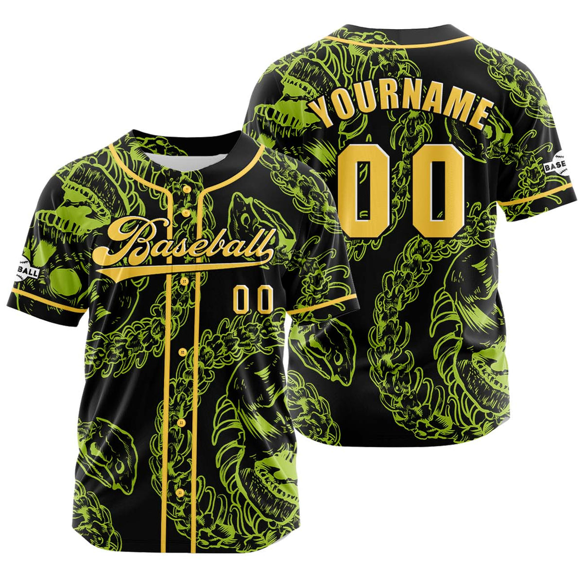 Camiseta de béisbol personalizada amarilla y verde con botones para hombre mujer adulto y joven Estampado de nombre número y logotipo