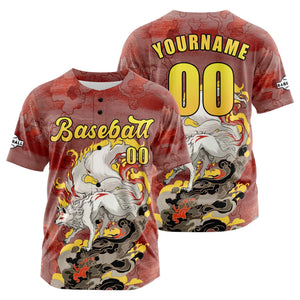Camiseta de béisbol personalizada de color rojo intenso con botones para hombre mujer adulto y joven Estampado de nombre número y logotipo