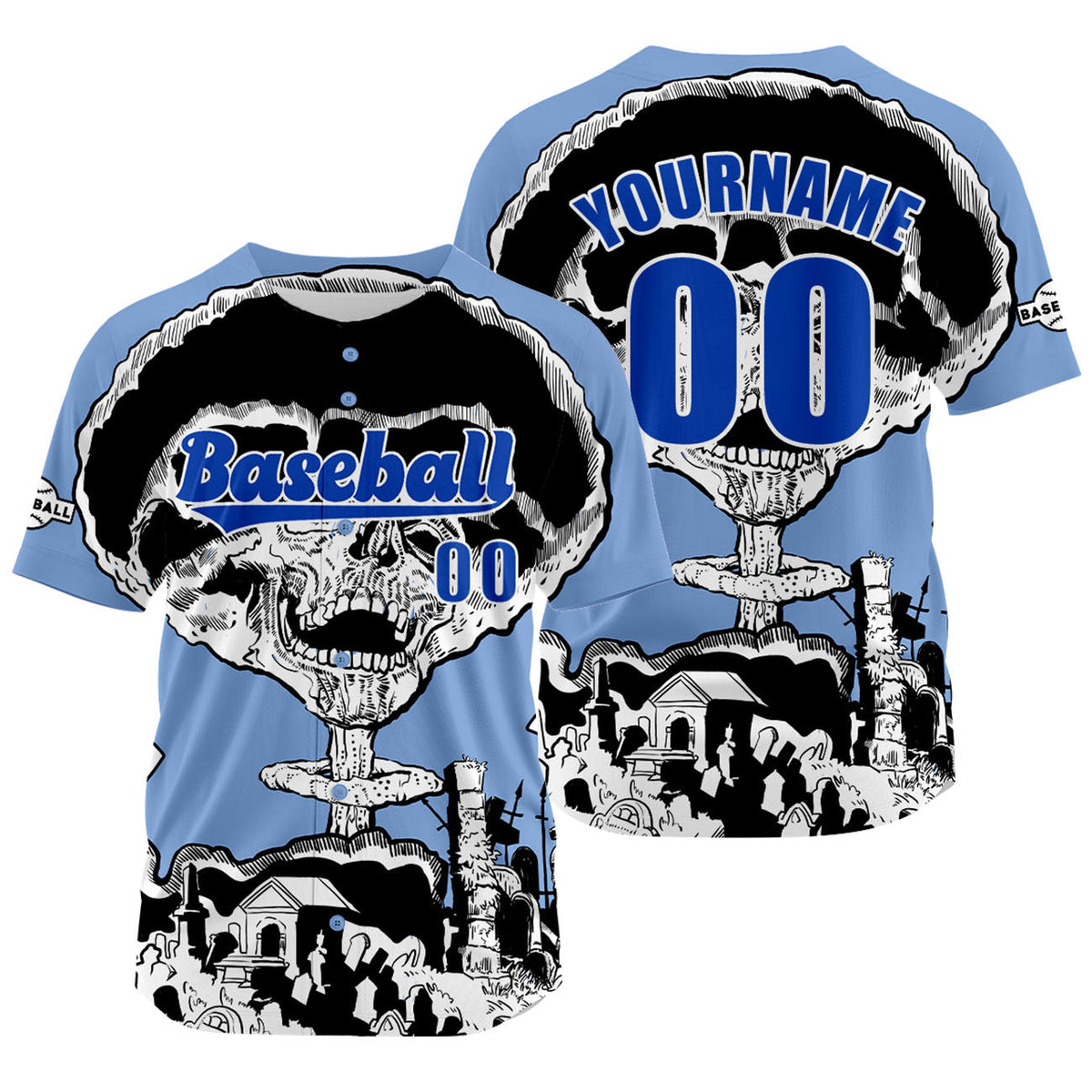 Camiseta de béisbol azul personalizada con nombre número y logotipo personalizados