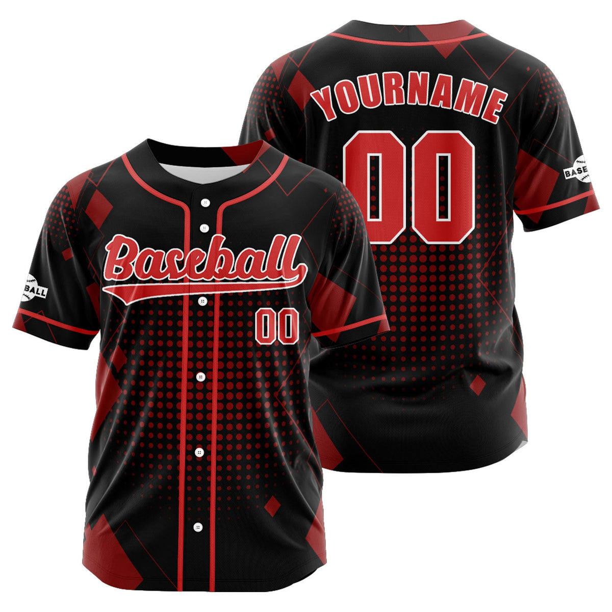Camiseta de béisbol personalizada negra y roja con botones para hombre mujer adulto y joven Estampado de nombre número y logotipo