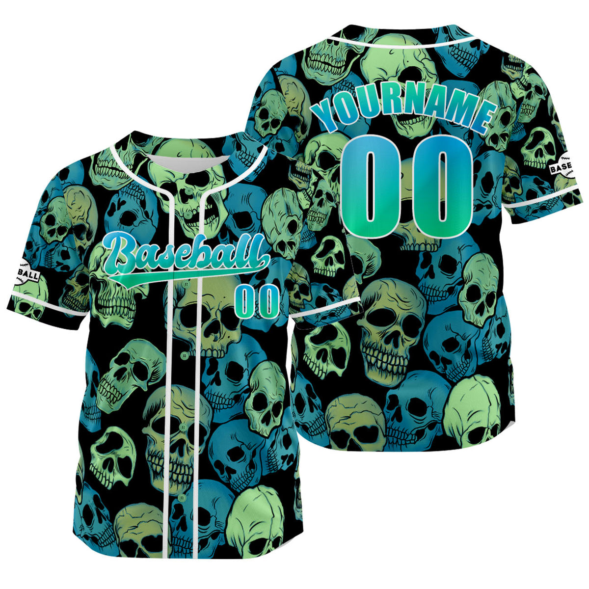 Camiseta de béisbol personalizada verde y azul con nombre número y logotipo personalizados