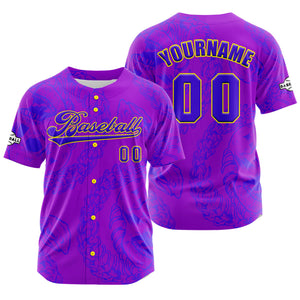 Camiseta de béisbol personalizada de color morado y azul con botones para hombre mujer adulto y joven Estampado de nombre número y logotipo