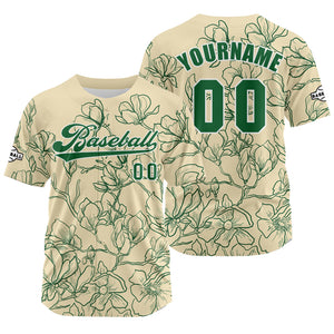 Camiseta de béisbol personalizada en color beige y verde con nombre número y logotipo personalizados