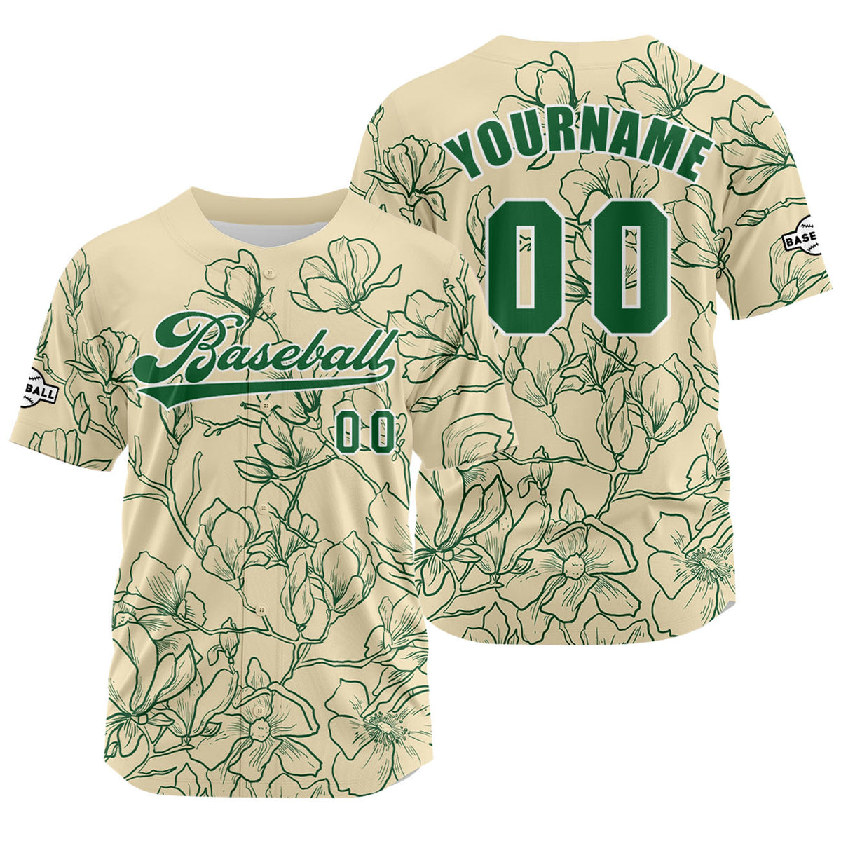 Camiseta de béisbol personalizada en color beige y verde con nombre número y logotipo personalizados