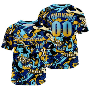 Camiseta de béisbol personalizada azul y naranja con nombre número y logotipo personalizados