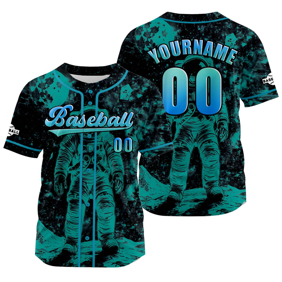 Camiseta de béisbol azul y verde personalizada con nombre número y logotipo personalizados