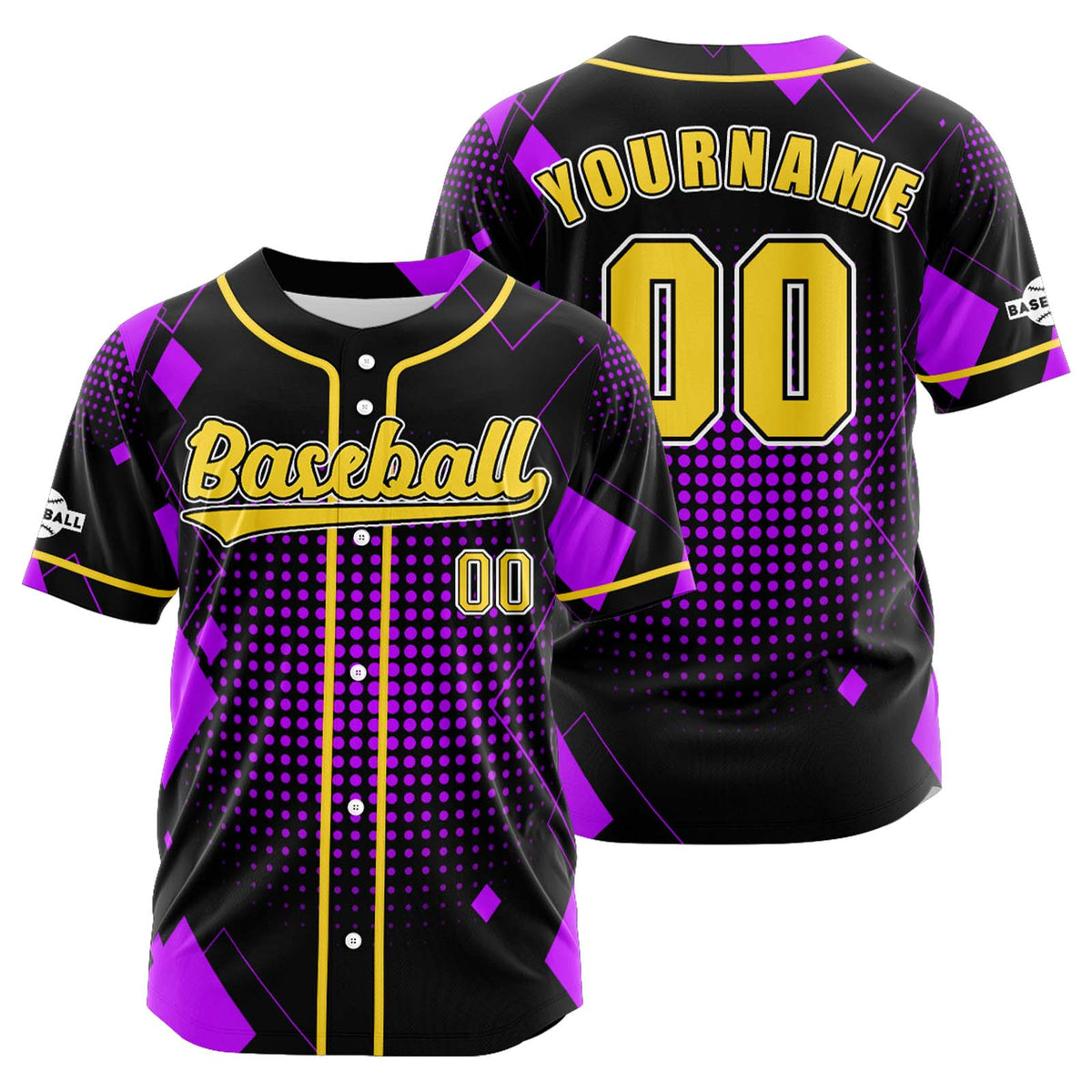 Camiseta de béisbol personalizada negra y morada con botones para hombre mujer adulto y joven Estampado de nombre número y logotipo