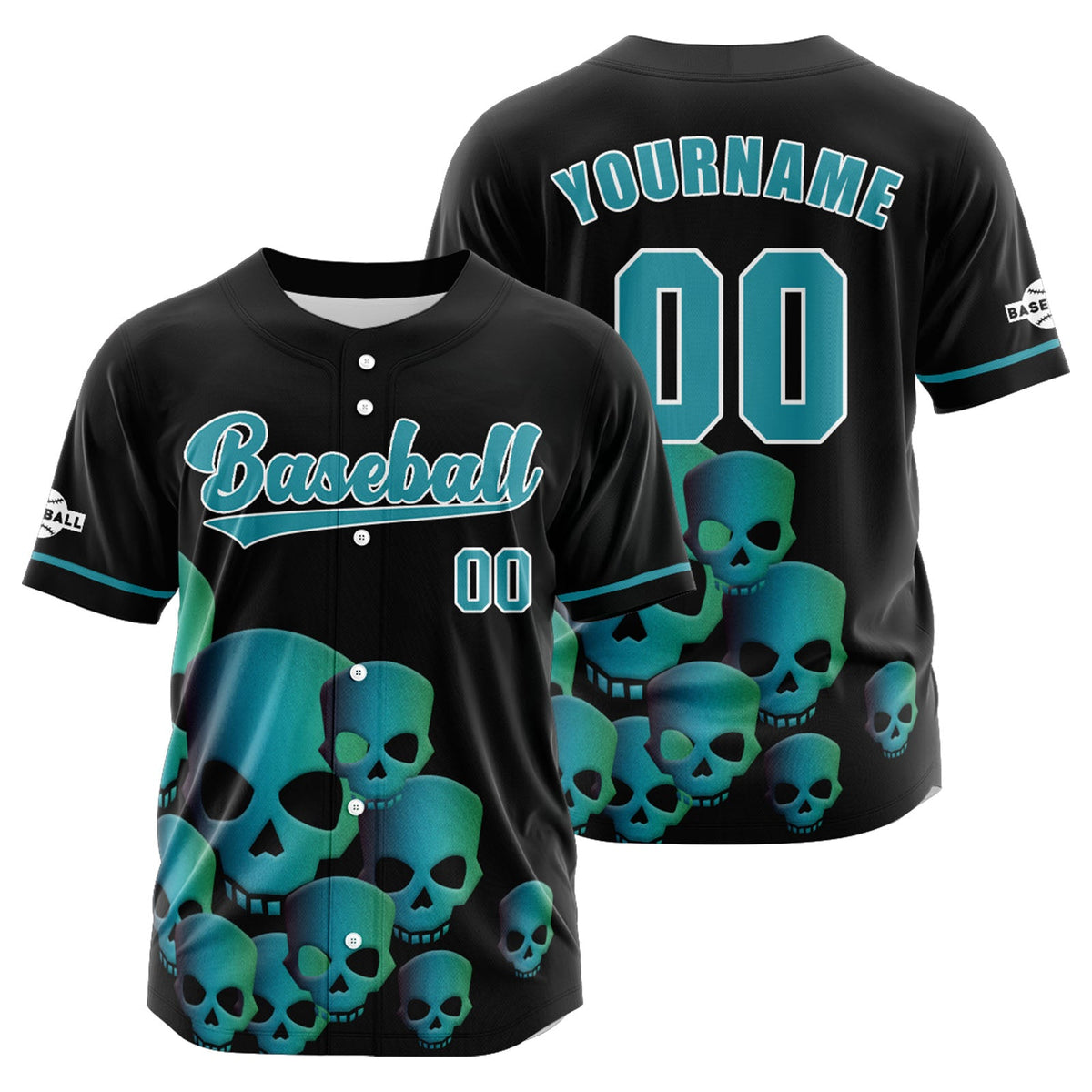 Camiseta de béisbol personalizada negra y azul turquesa con botones para hombre mujer adulto y joven Estampado de nombre número y logotipo