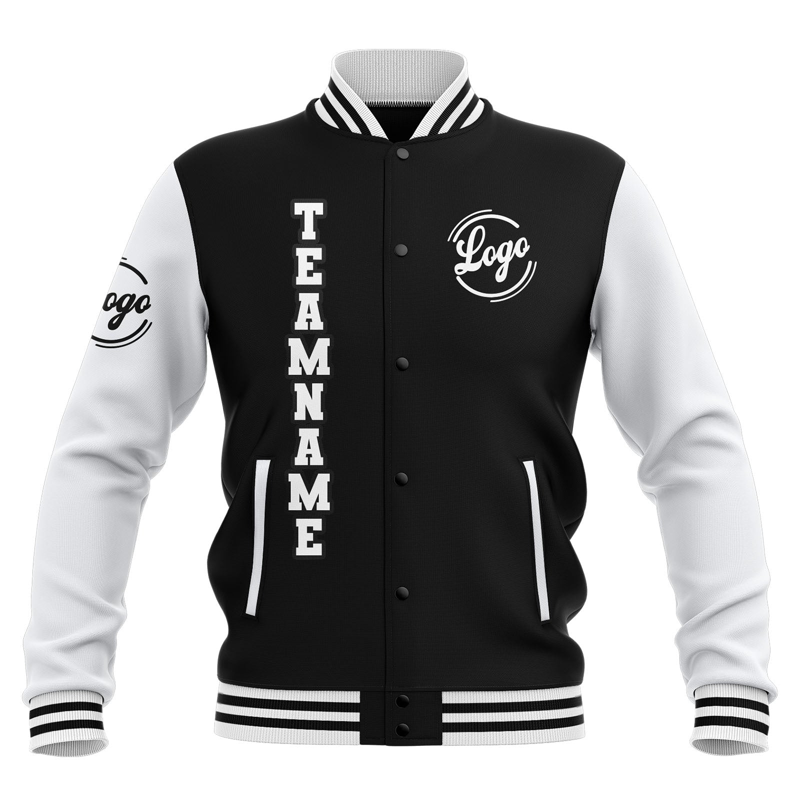 Chaquetas universitarias impermeables personalizadas en blanco y negro con nombre-número y logotipo bordados a medida