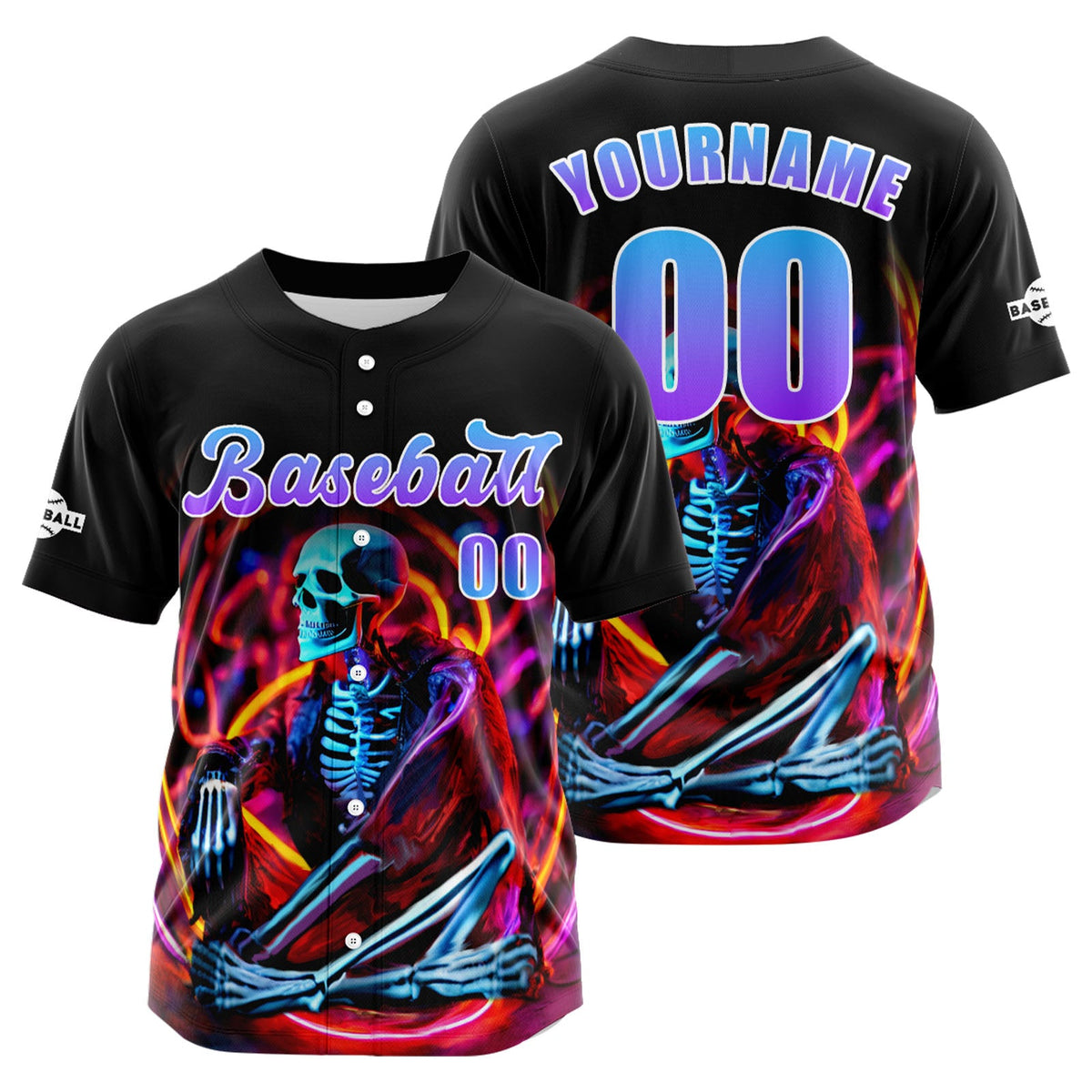 Camiseta de béisbol personalizada negra y morada con botones para hombre mujer adulto y joven con nombre número y logotipo impresos