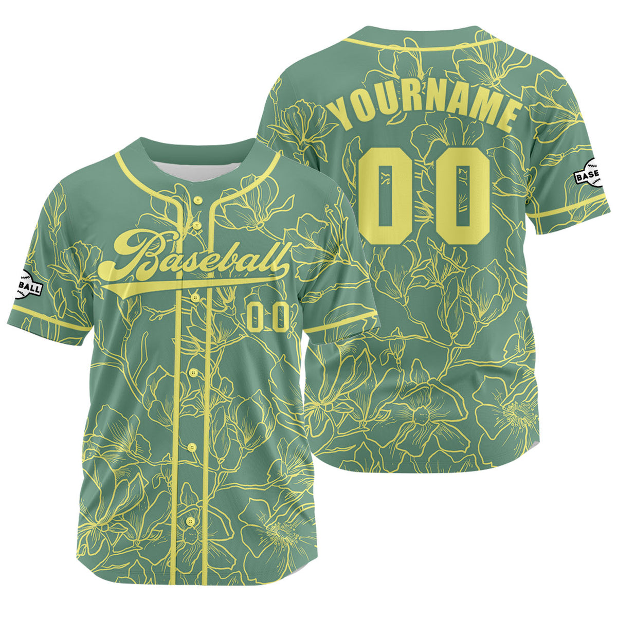 Camiseta de béisbol personalizada verde y amarilla con nombre número y logotipo personalizados