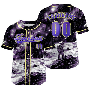 Camiseta de béisbol personalizada amarilla y morada con nombre número y logotipo personalizados