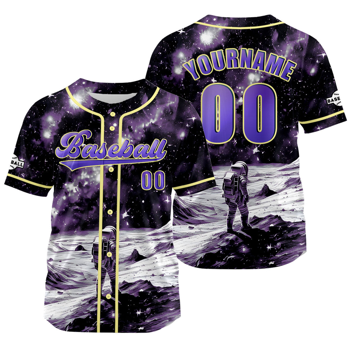 Camiseta de béisbol personalizada amarilla y morada con nombre número y logotipo personalizados