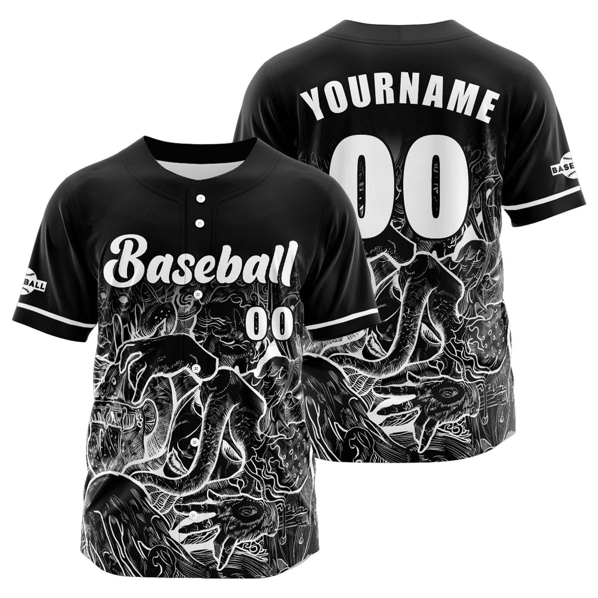 Camiseta de béisbol negra personalizada con botones para hombre mujer adulto y joven Nombre número y logotipo impresos
