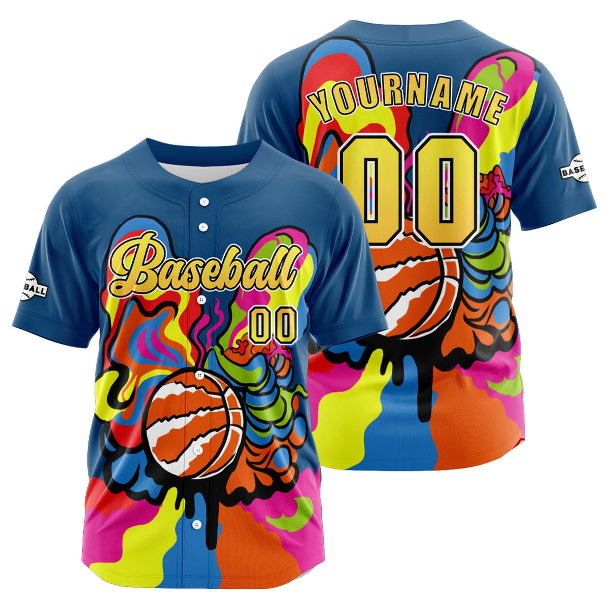 Camiseta de béisbol personalizada azul y amarilla con botones para hombre mujer adulto y joven Estampado de nombre número y logotipo