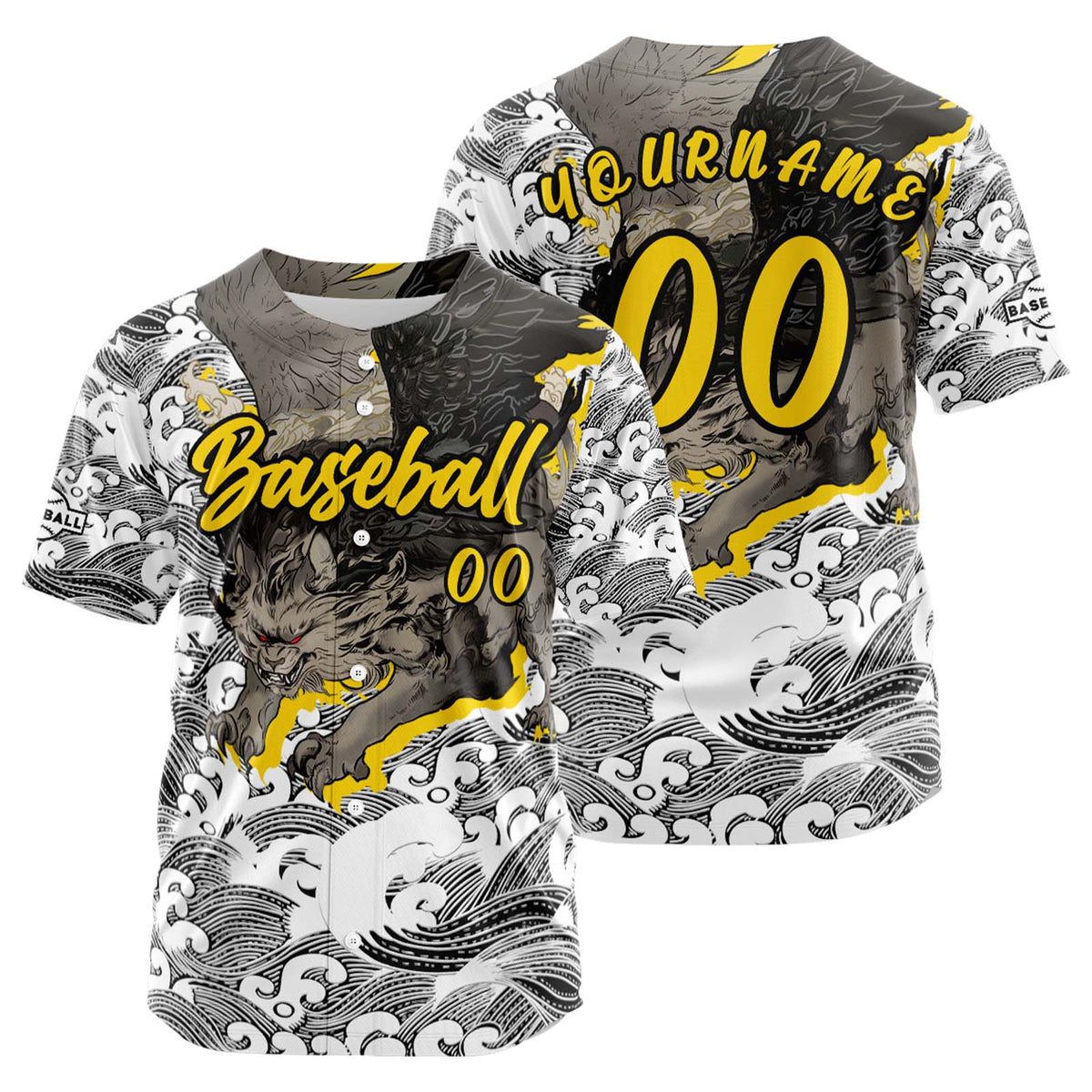 Camiseta de béisbol amarilla personalizada con botones para hombre mujer adulto y joven Estampado de nombre número y logotipo