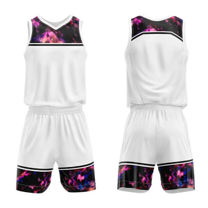 Uniforme de baloncesto personalizado con estampado de cielo estrellado blanco y logotipo impreso con tu nombre y número