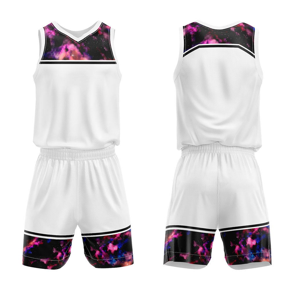 Uniforme de baloncesto personalizado con estampado de cielo estrellado blanco y logotipo impreso con tu nombre y número