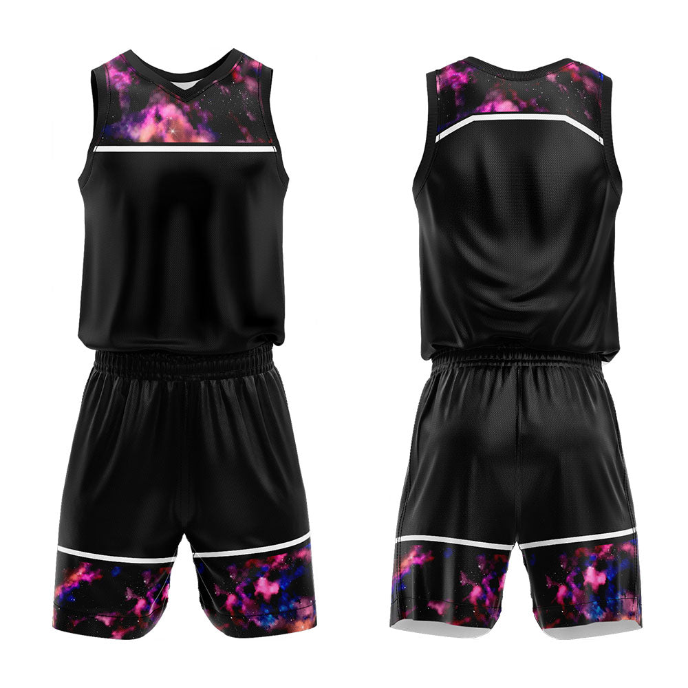 Uniforme de baloncesto personalizado con estampado de cielo estrellado negro y tu logotipo-nombre y número impresos