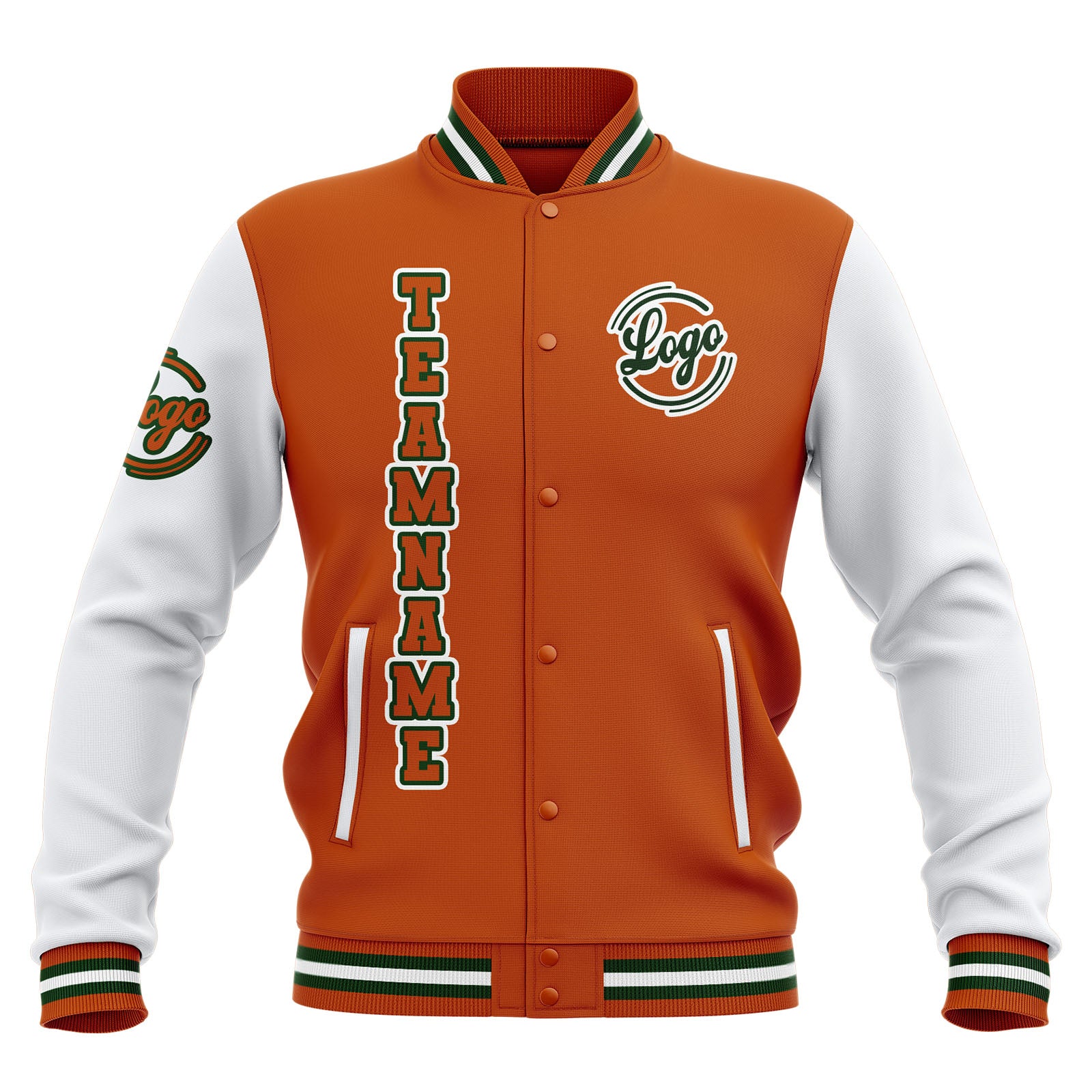Chaquetas universitarias impermeables personalizadas en color naranja y blanco con nombre-número y logotipo bordados a medida