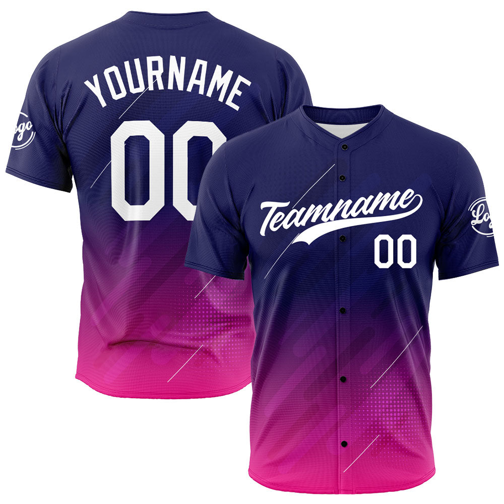 Dise?o personalizado de camiseta de béisbol con estampado completo en azul marino y rojo rosado